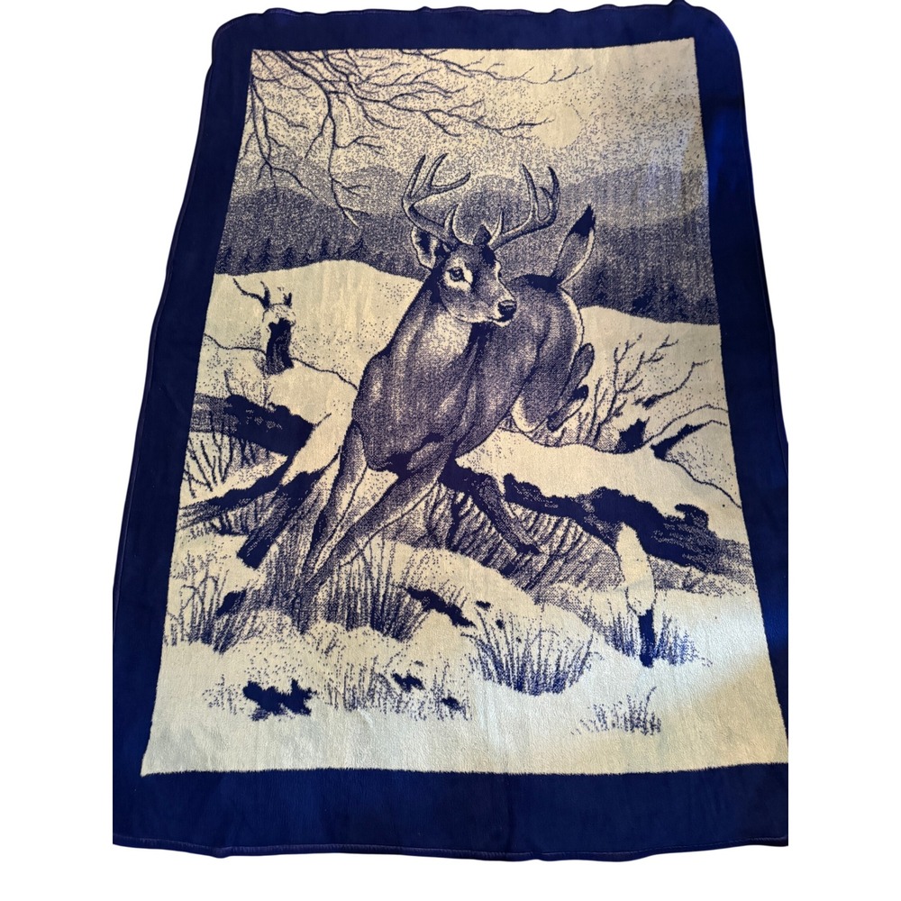 Vintage San Marcos Blanket Blue Deer Buck Winter Scene 88x64 HAS TAG